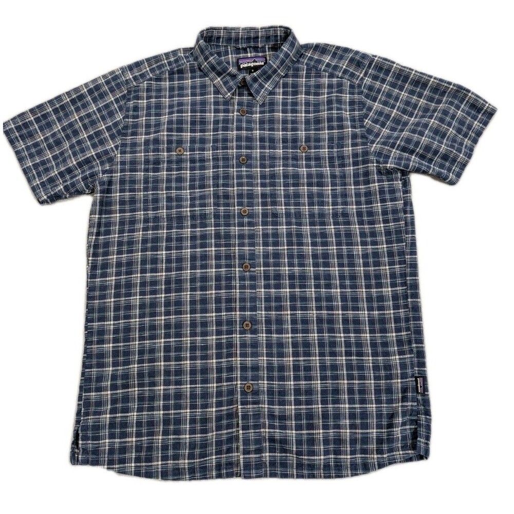 Patagonia Back Step Men's Medium Shirt Funston Blue Plaid Hemp Blend 21.5x28